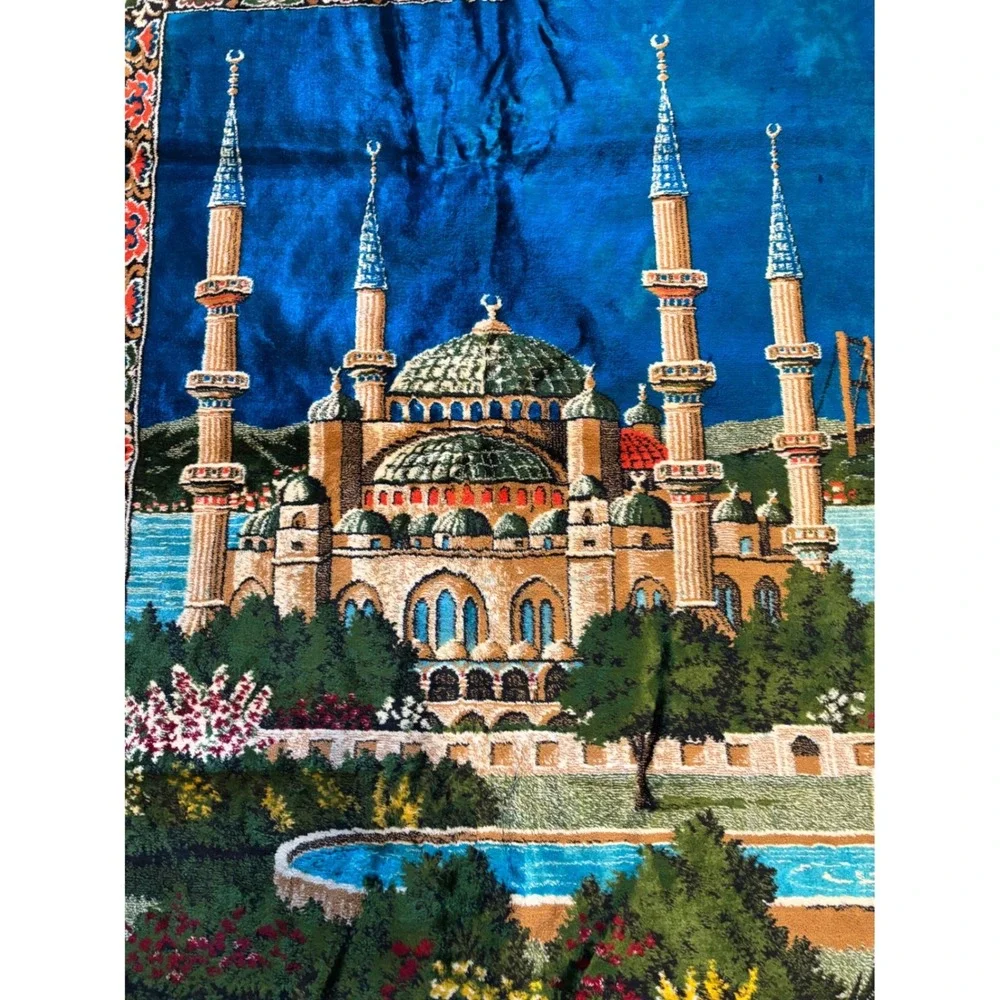 Vintage Turkish‎ Velvet Wall Tapestry Rug Istanbul Mosque Bosphorus Bridge